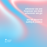 Graphic with the transgender flag colors with the Elizabeth Freeman Center logo and the words "whoever we are, however we look, wherever we go, we all deserve safety & justice"