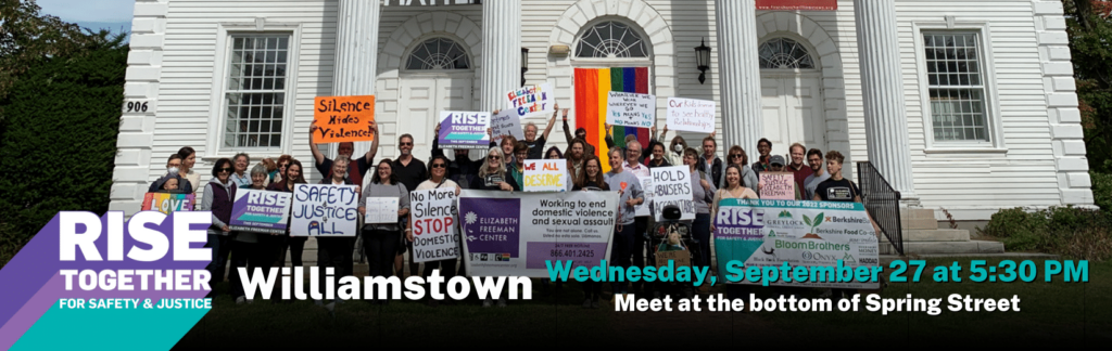 Image of Rise Together Williamstown with a large group of people standing in front of the First Congregational Church