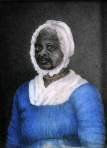Painting of an elderly Black woman in a blue colonial-era dress, white bonnet and gold necklace
